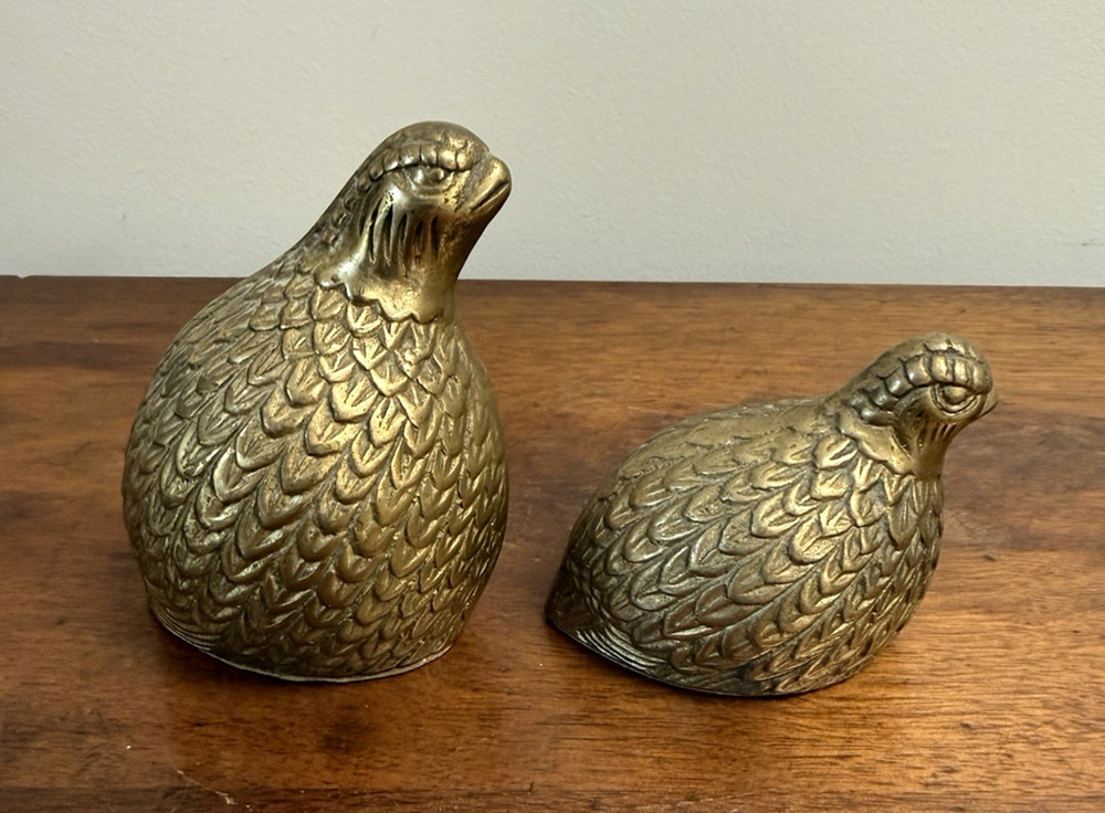 Vintage Brass Quail Partridge Bird Figurines Pair Made Taiwan 4" 2.5"